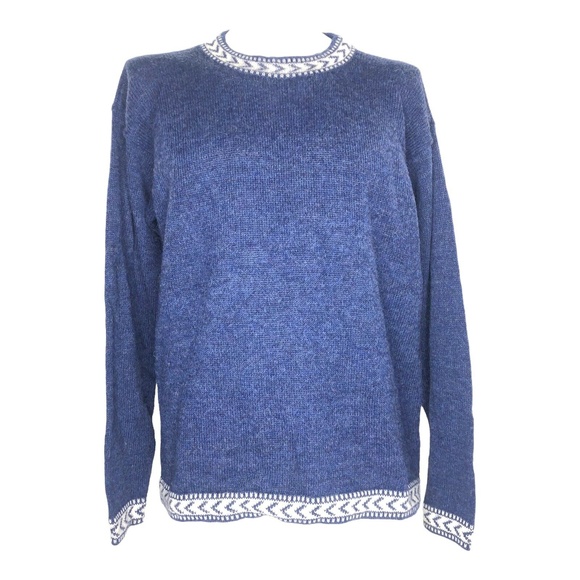 Men's Sweater Alpaca Fur Fair Isle Jumper Pullover Geometric Accent Trim Blue L - Picture 1 of 6